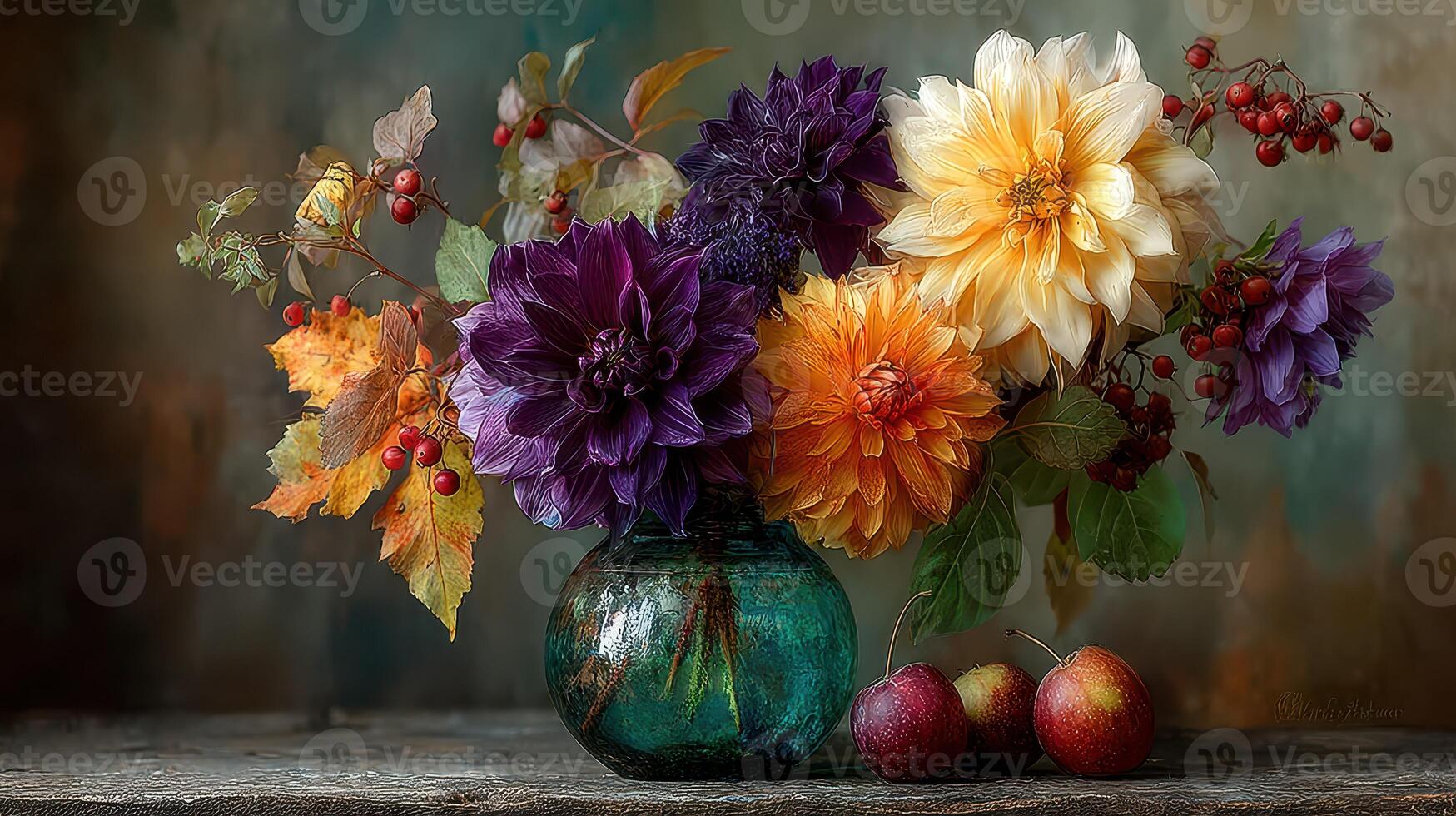 Colorful autumn bouquet with dahlias and berries in a vintage vase on a rustic wooden table photo
