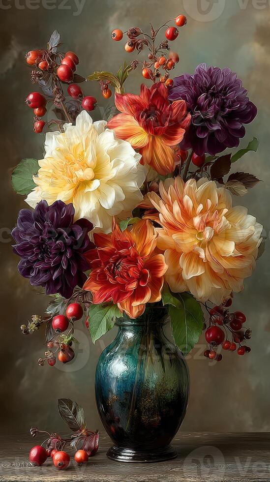 Colorful bouquet of flowers in a decorative vase on a wooden table with berries and rich background photo