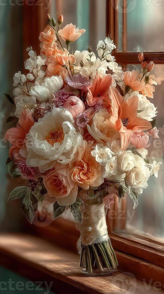 Beautiful floral bouquet featuring pastel roses and peonies near window in soft natural light photo