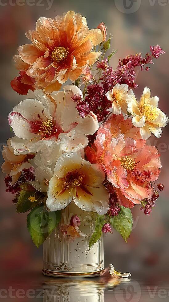 Beautiful floral arrangement in a decorative vase showcasing peonies and blossoms on a soft background photo