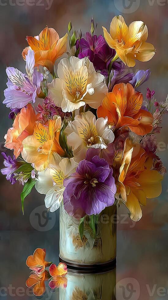 Vibrant bouquet of fresh flowers in a decorative vase, showcasing a variety of colors and shapes in a studio setting photo