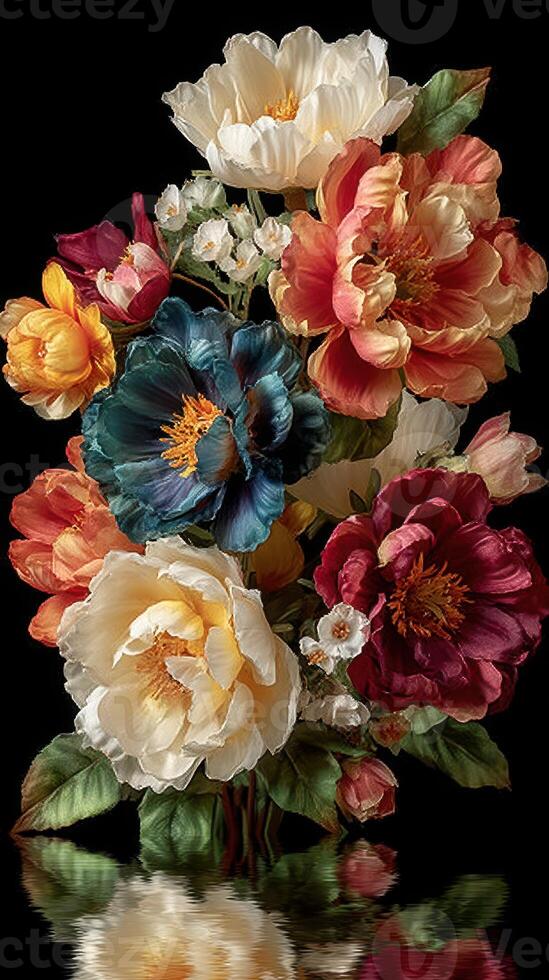 Vibrant bouquet of flowers showcasing peonies, blossoms, and blossoms with rich colors on a dark background photo