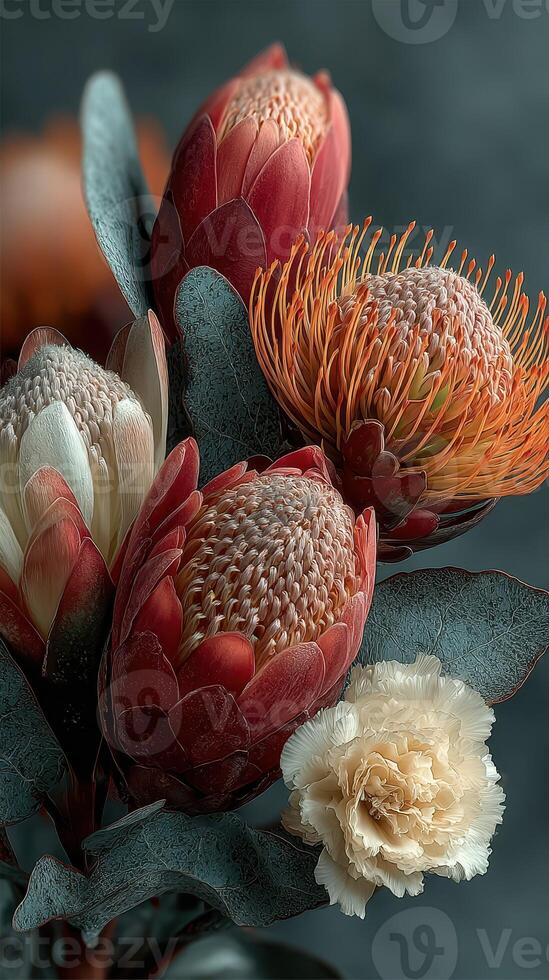 Colorful bouquet featuring diverse flowers with intricate details captured in an artistic arrangement indoors photo