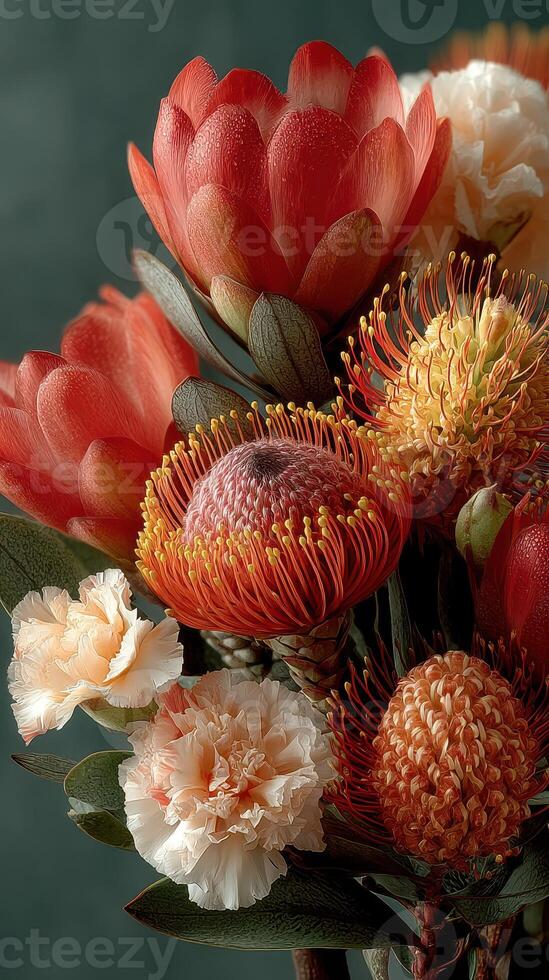 Bright floral arrangement featuring native flowers in vibrant red and orange with soft white blooms on a textured background photo
