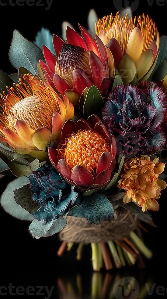 Colorful and vibrant bouquet featuring unique flowers and foliage against a dark background photo