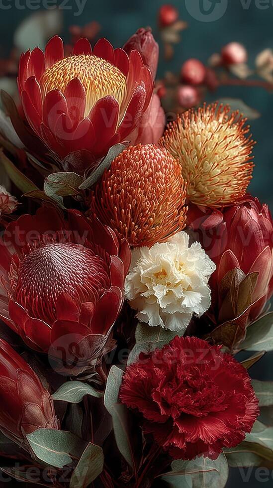 Vibrant bouquet of red and gold flowers arranged elegantly for a festive occasion photo