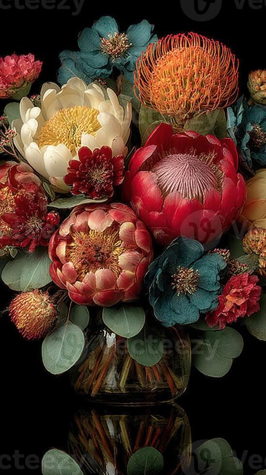 Floral arrangement featuring diverse blooms in a decorative vase on a black background photo