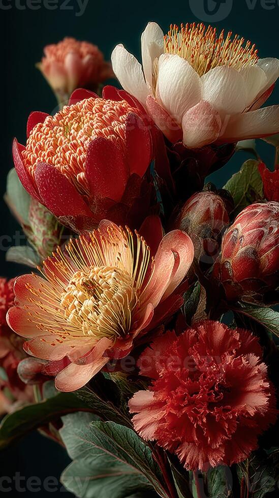 Vibrant arrangement of assorted blooming flowers in rich colors enhances indoor decor in a stylish setting photo