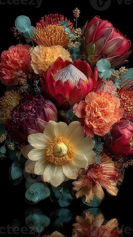 Beautiful bouquet of colorful flowers including proteas, carnations, and eucalyptus arranged artistically on a dark background photo