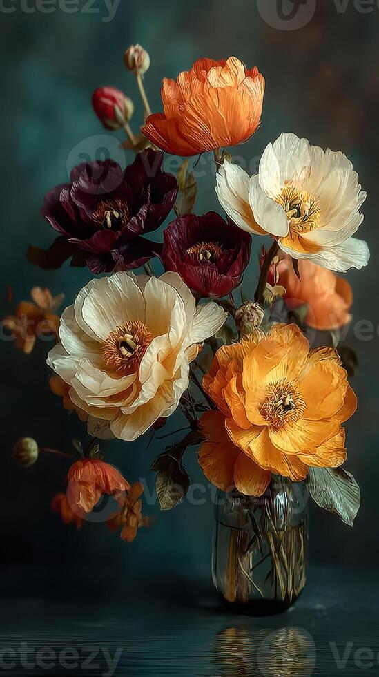 Vibrant bouquet of colorful flowers in a glass jar on a rustic wooden table photo