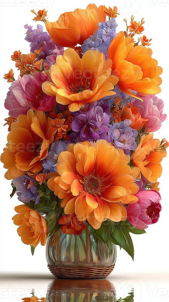 Vibrant floral arrangement with orange and purple blooms in a glass vase on a white background photo