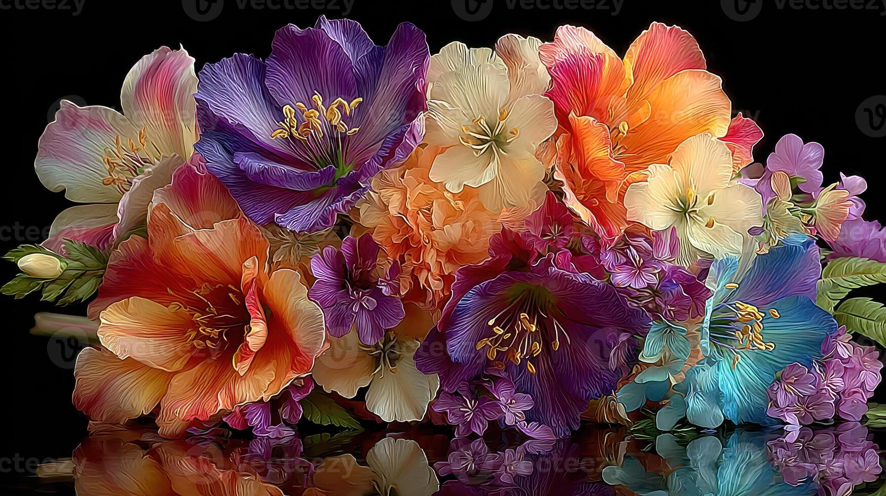 Colorful bouquet of vibrant flowers with rich textures and details reflecting a natural beauty on a dark background photo
