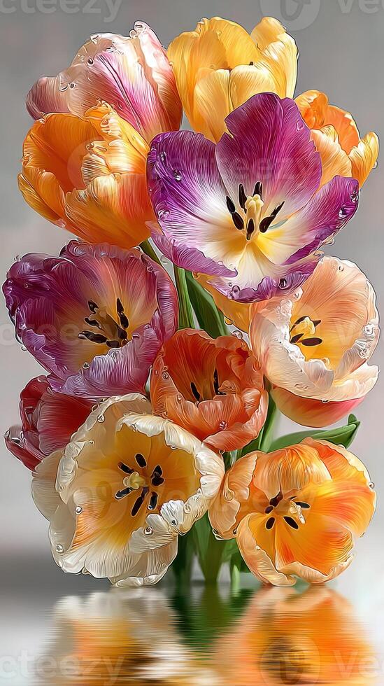 Vibrant bouquet of tulips in assorted colors displayed against a smooth background photo