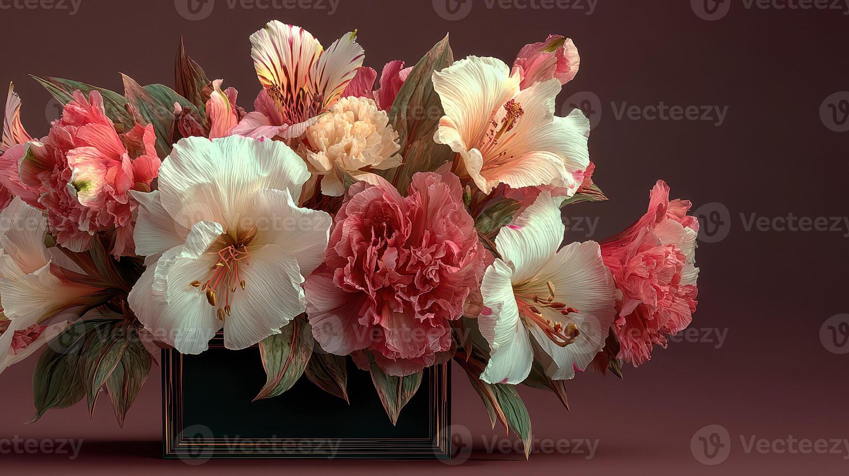 Vibrant floral arrangement showcasing various blooms in a decorative vase against a dark background photo