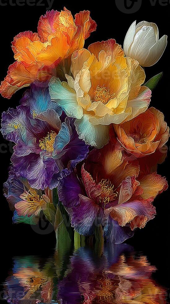 Vibrant bouquet of colorful flowers reflecting in still water during a serene moment photo