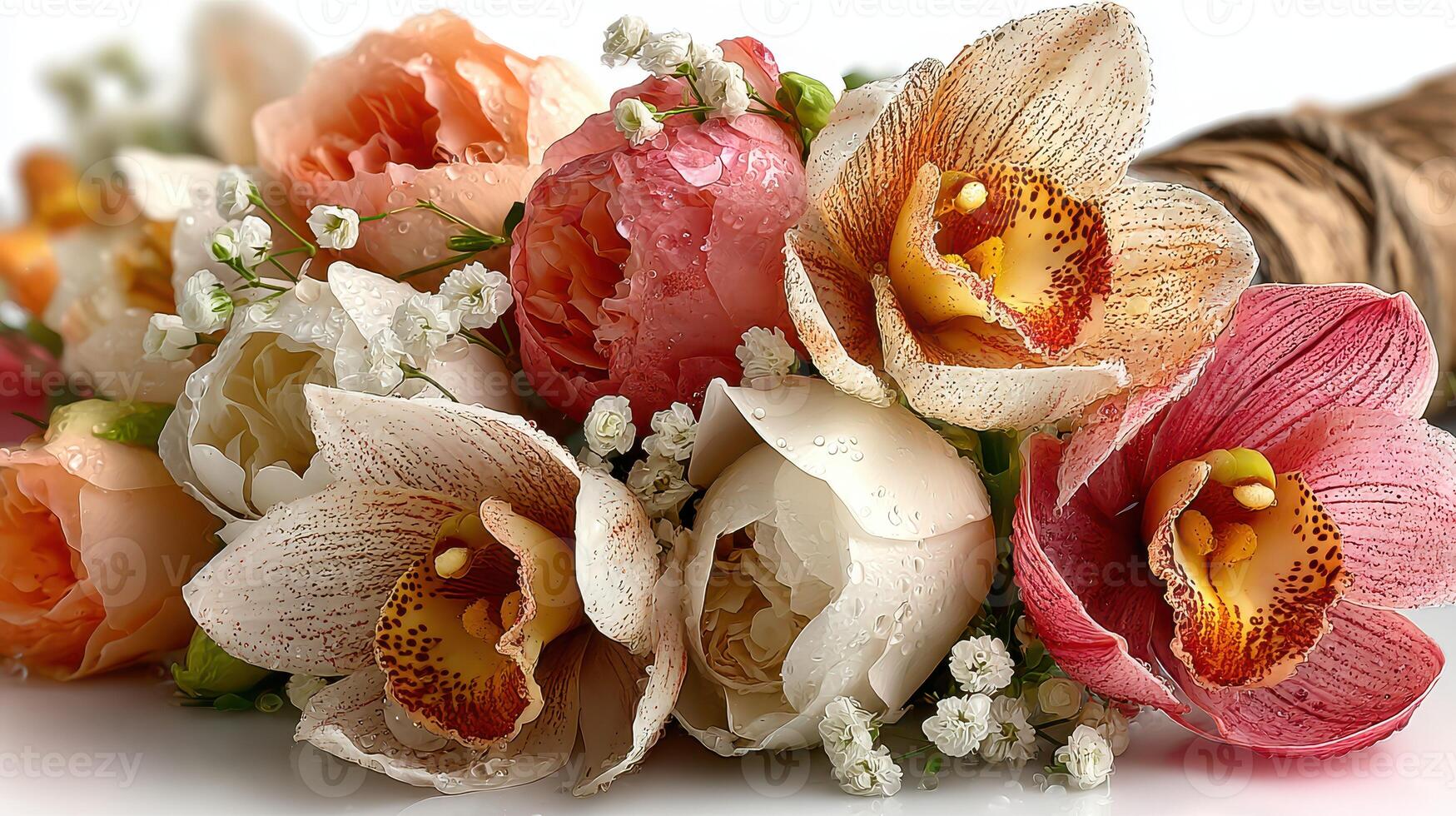 Beautiful bouquet of fresh orchids and roses with delicate blossoms arranged for a spring celebration in a sunny location photo
