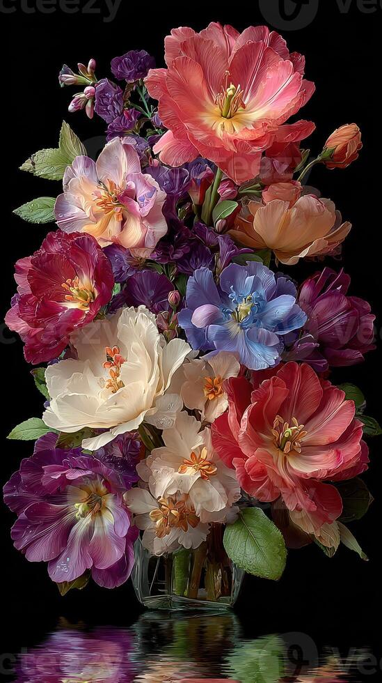 Colorful bouquet of artificial flowers in a glass vase reflecting light against a dark background photo