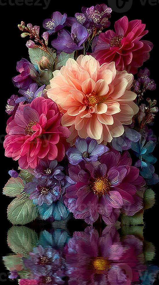 Colorful bouquet of blooming flowers with reflections on a dark background photo