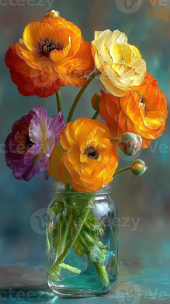 Colorful ranunculus flowers in a glass jar bring a vibrant touch to a simple setting photo