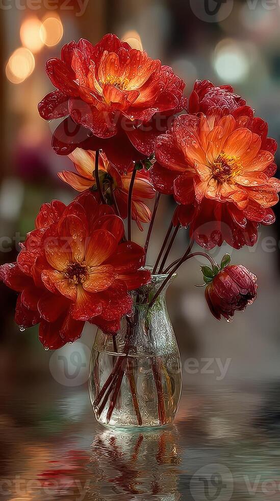 Vibrant flowers in a glass vase with raindrops, reflecting warm light in a cozy indoor setting photo