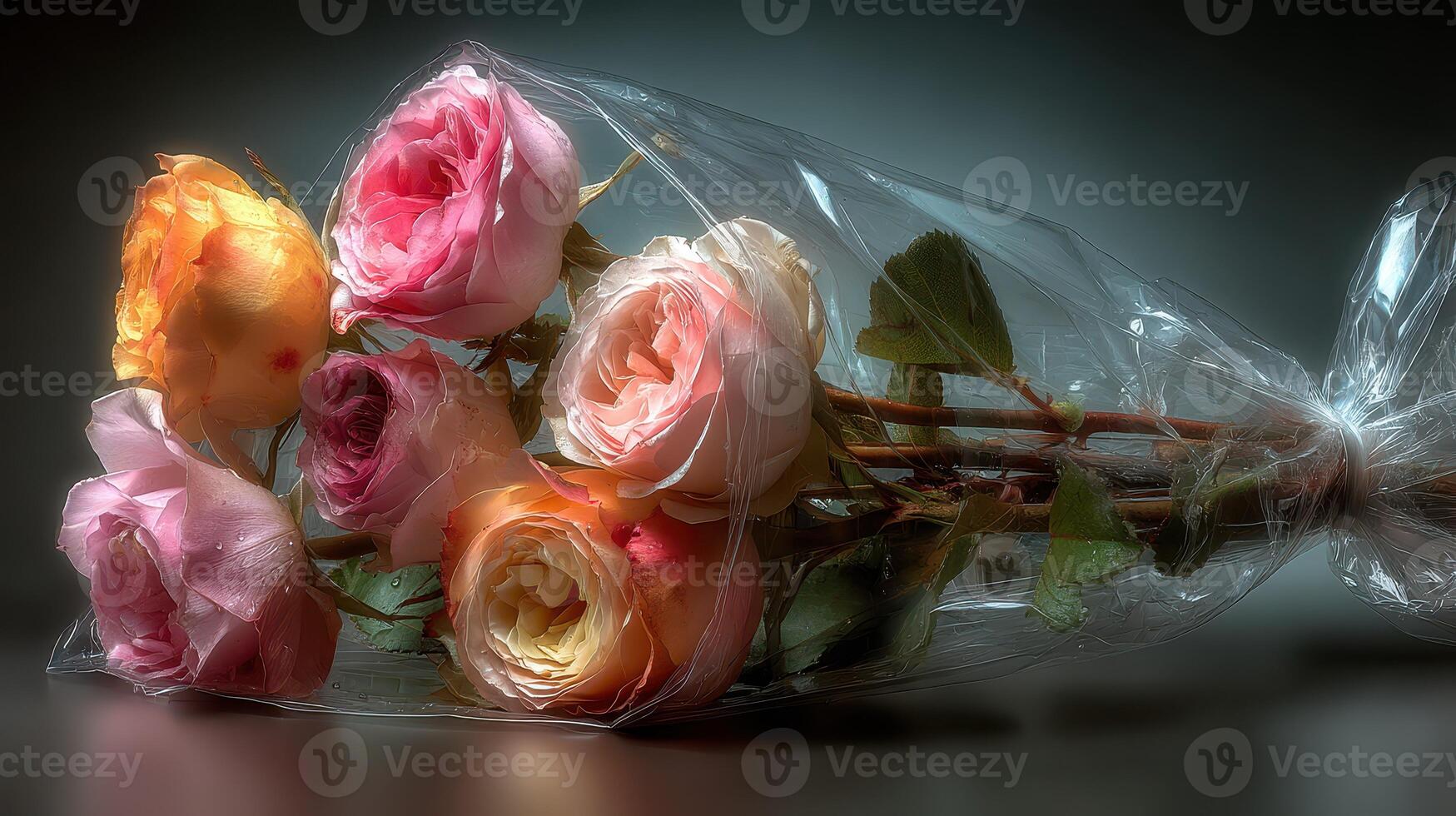 Colorful bouquet of fresh roses wrapped in clear plastic with soft lighting indoors photo