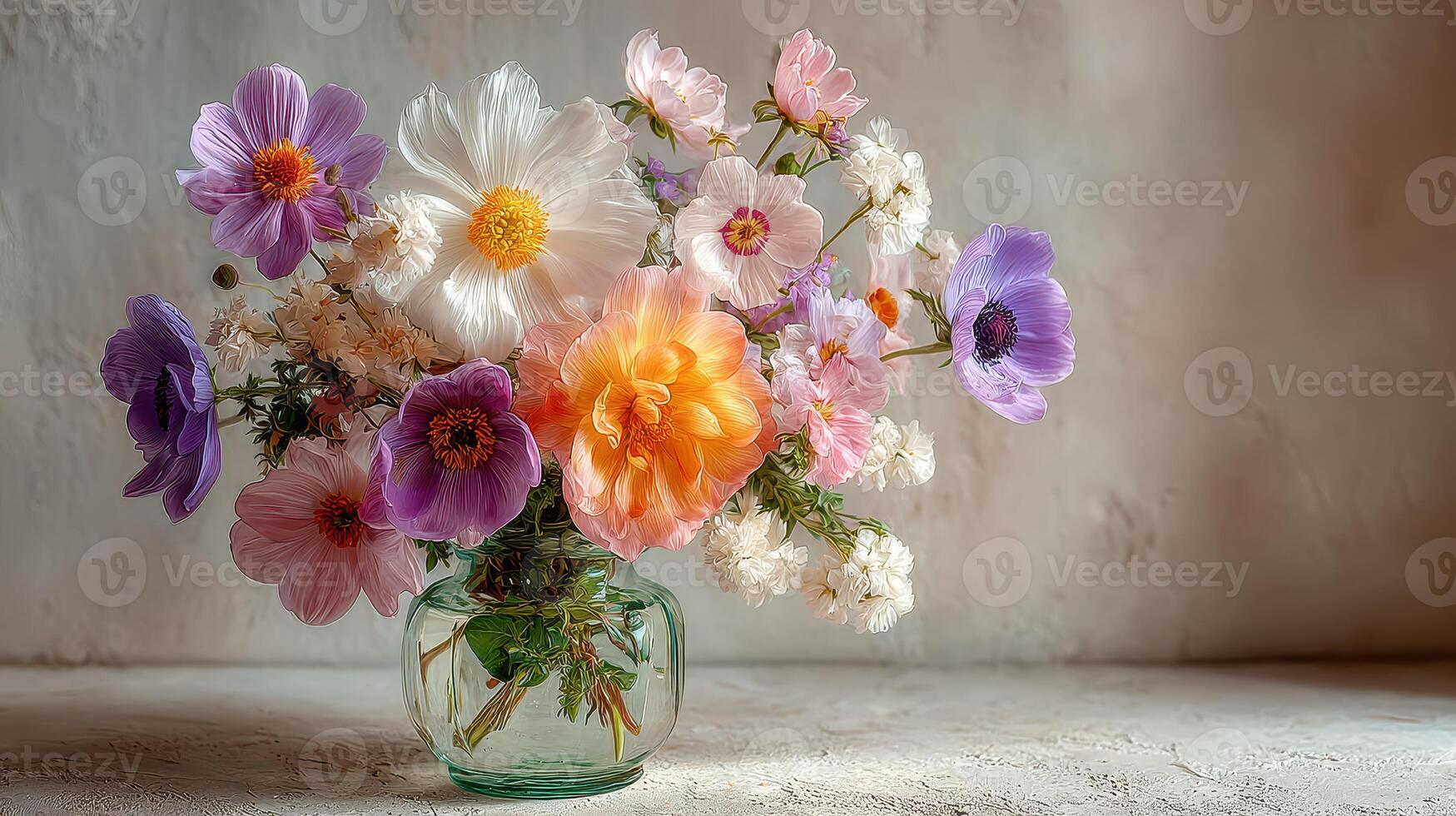 Colorful bouquet of flowers in a glass vase adorned with vibrant blooms photo