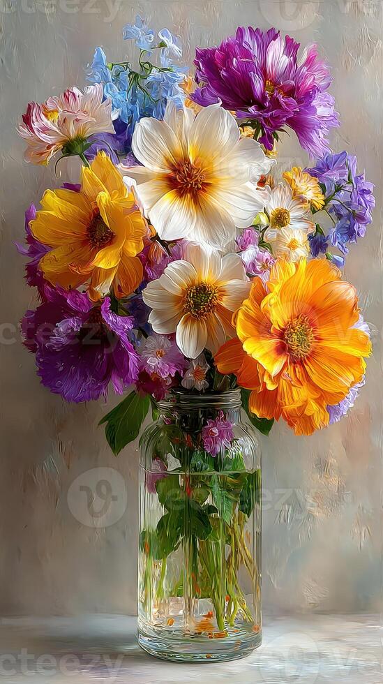 Bright floral arrangement in a glass jar showcasing vibrant colors and various blooms on a neutral background photo