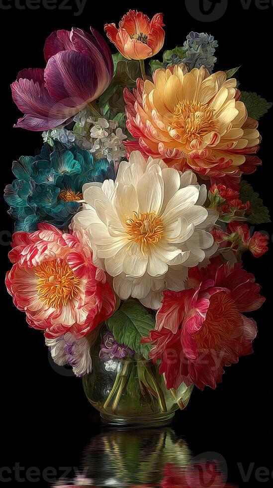 Brightly colored bouquet featuring peonies, tulips, and delicate flowers in a glass vase photo