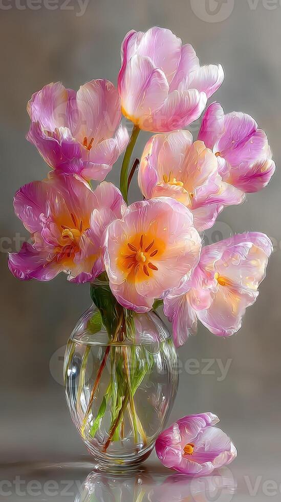 Beautiful bouquet of pink tulips in a clear vase on a neutral background showcasing spring elegance and freshness photo