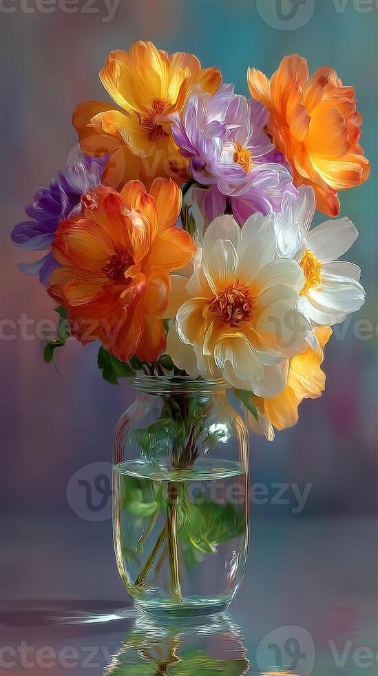 Colorful bouquet of flowers in a glass vase reflecting light on a table surface photo