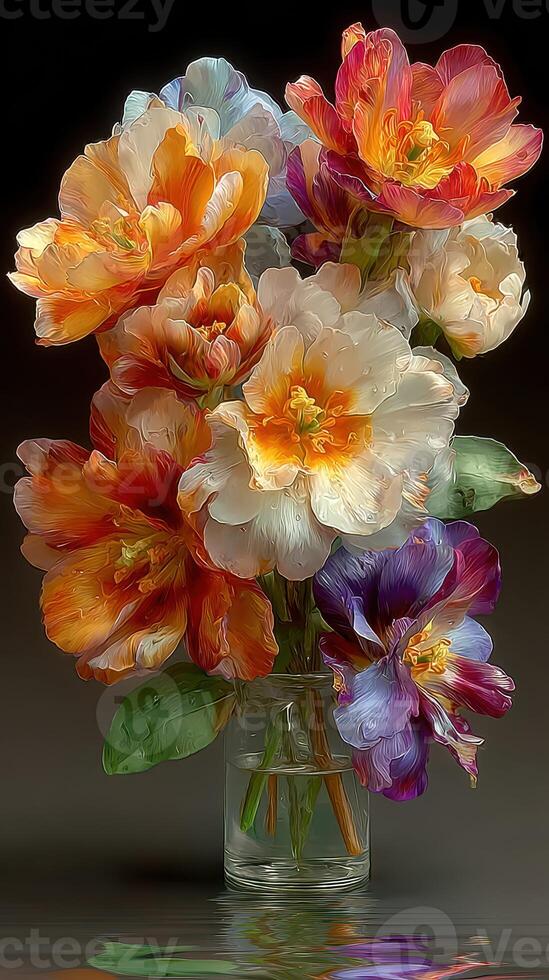Vibrant bouquet of mixed blooms in a glass vase showcasing spring colors and intricate textures arranged indoors photo