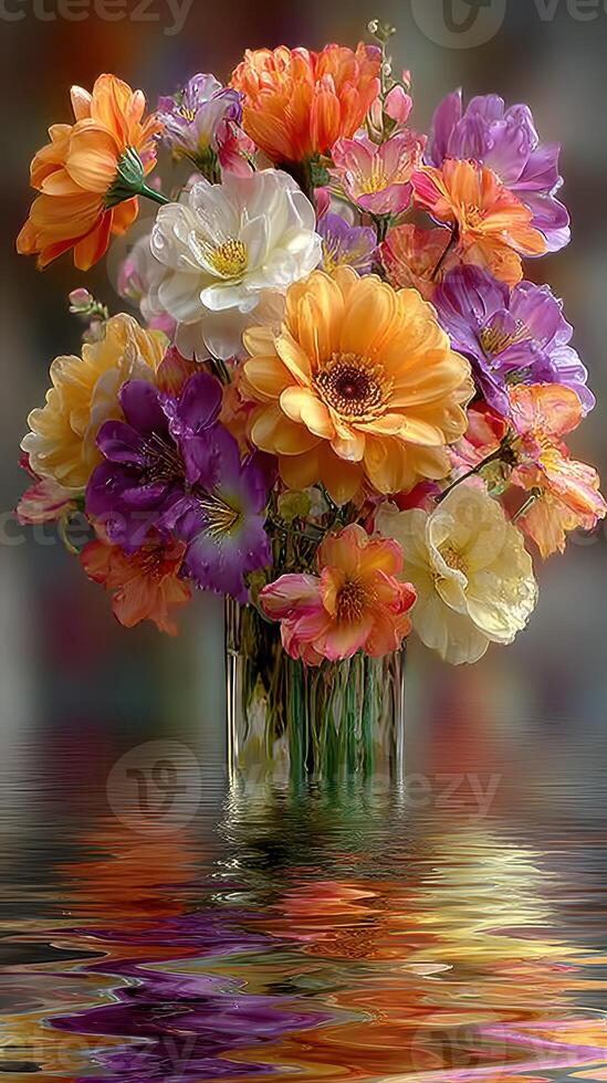 Vibrant floral arrangement displayed in a clear vase reflecting on water surface in a softly blurred background photo