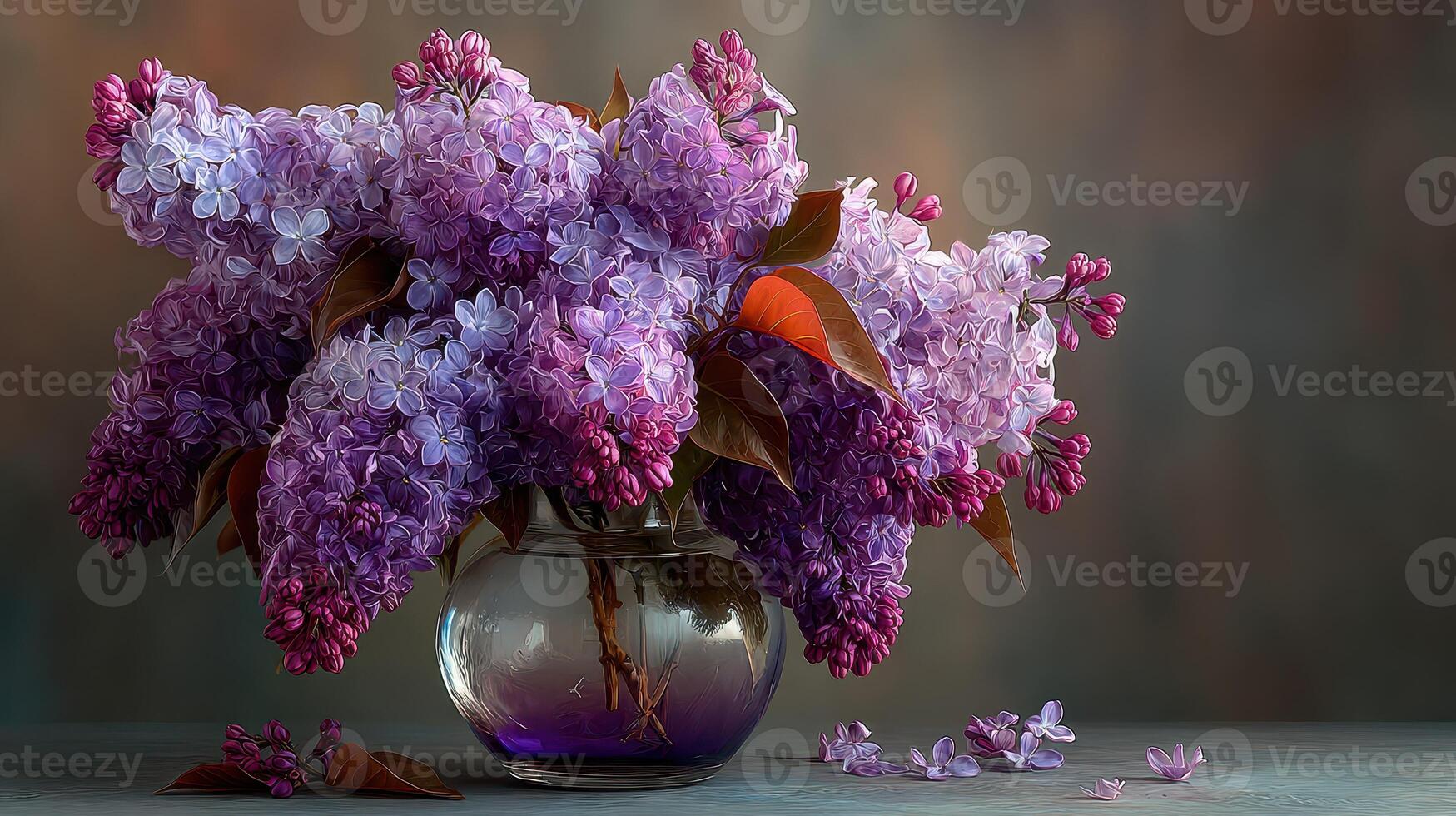 Colorful lilac flowers arranged in a glass vase on a wooden table against a soft background photo
