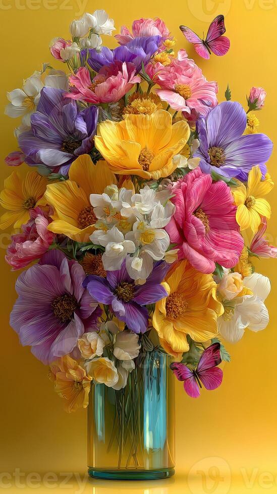 Colorful bouquet of vibrant flowers in a glass vase set against a bright yellow background photo