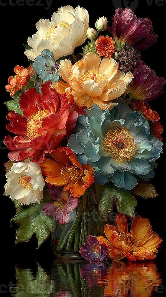 Vibrant bouquet of colorful flowers arranged in a glass vase reflecting beautifully on a dark surface photo
