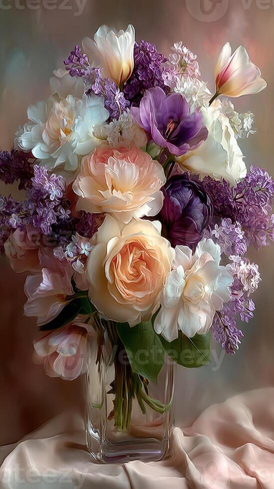 Bright floral arrangement featuring assorted blooms in a glass vase on a soft fabric surface photo