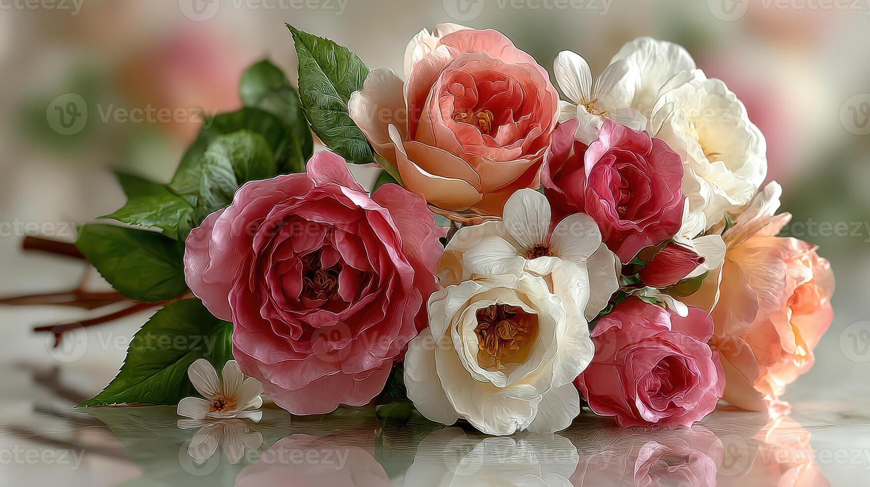 Beautifully arranged bouquet of roses and blossoms showcasing vibrant colors and delicate petals in bright setting photo