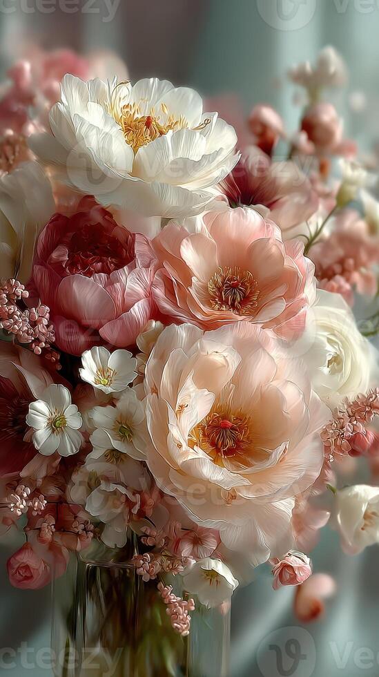 Beautiful flower arrangement featuring peonies and other blooms in soft pastel shades on a light background photo