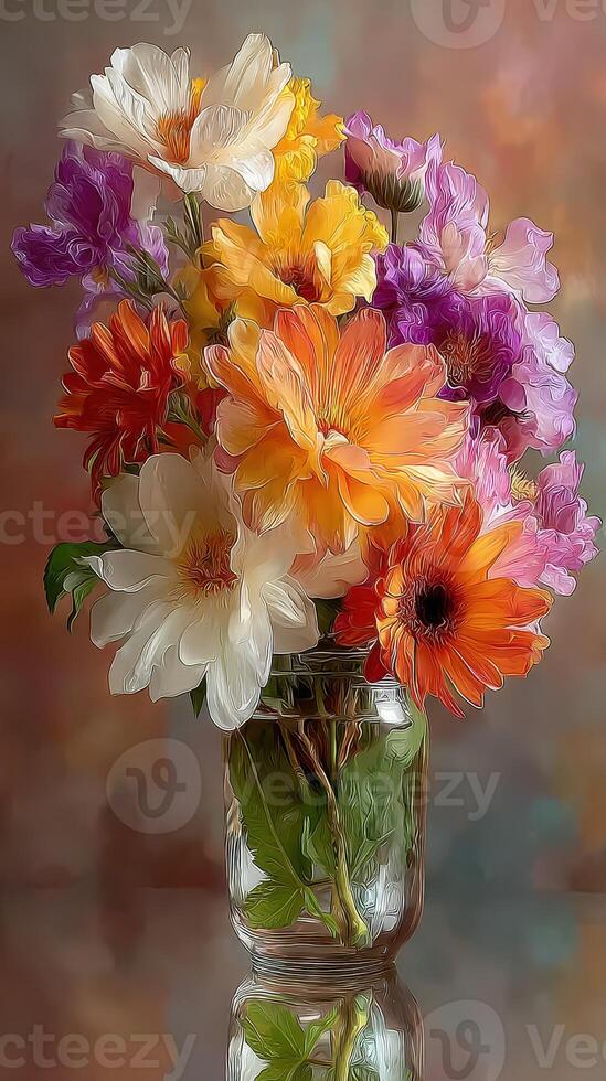 Vibrant bouquet of assorted flowers in a glass jar against a colorful background photo