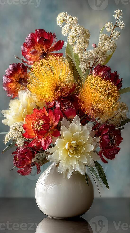 Vibrant bouquet of colorful flowers in elegant vase captured in soft light indoors photo
