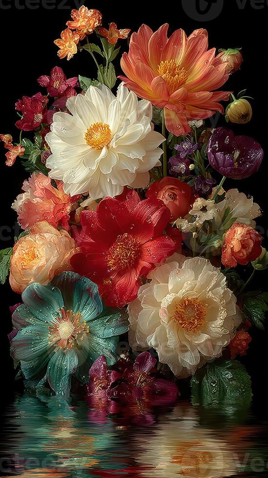 Vibrant floral arrangement with reflections on dark water background showcasing various blooms and colors photo