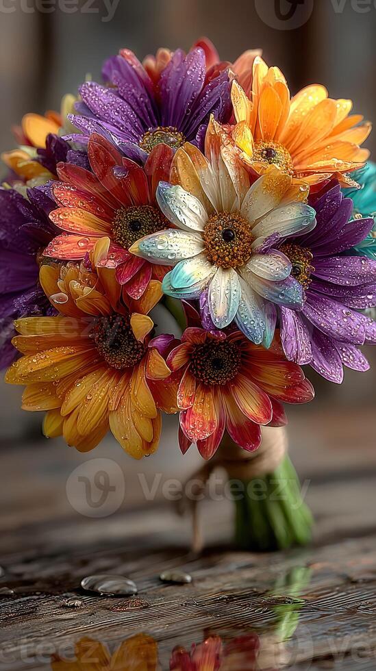 Brightly colored flower bouquet with raindrops on petals on rustic wooden surface photo