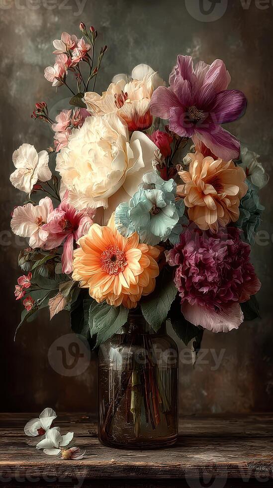 Beautiful mixed flower arrangement in a rustic glass vase on a wooden table in soft light photo