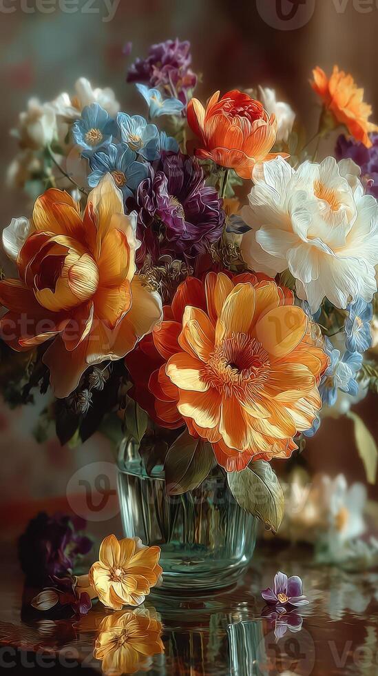 Vibrant bouquet of mixed flowers in a glass vase on a wooden table in soft light photo