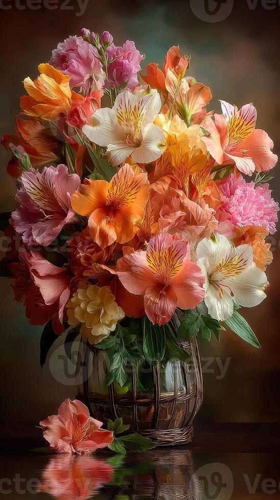Vibrant flower arrangement in a woven basket showcasing a variety of blooms in soft colors during indoor setting photo