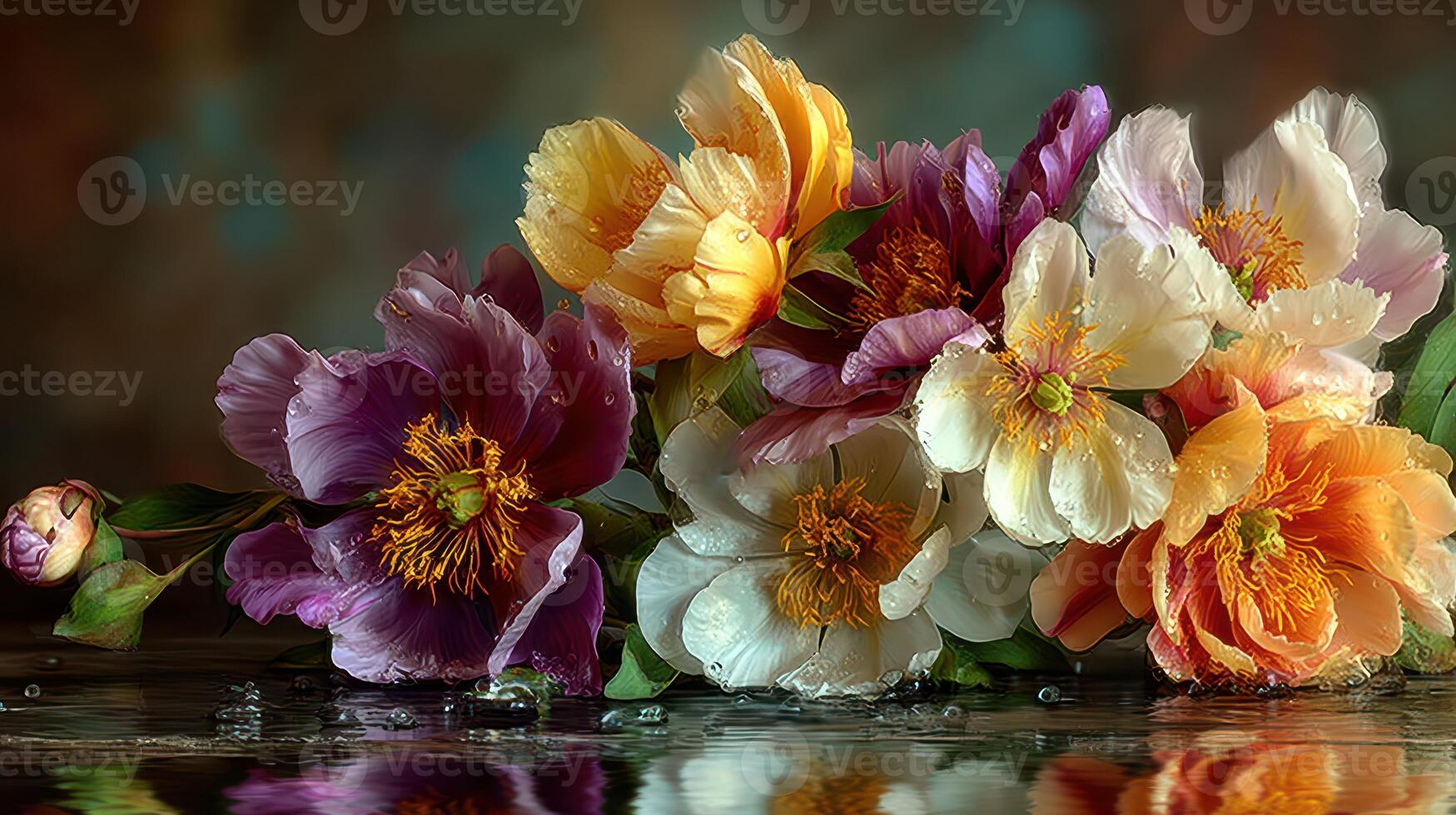 Colorful peonies in water with reflections showcasing vibrant blooms in a serene setting photo