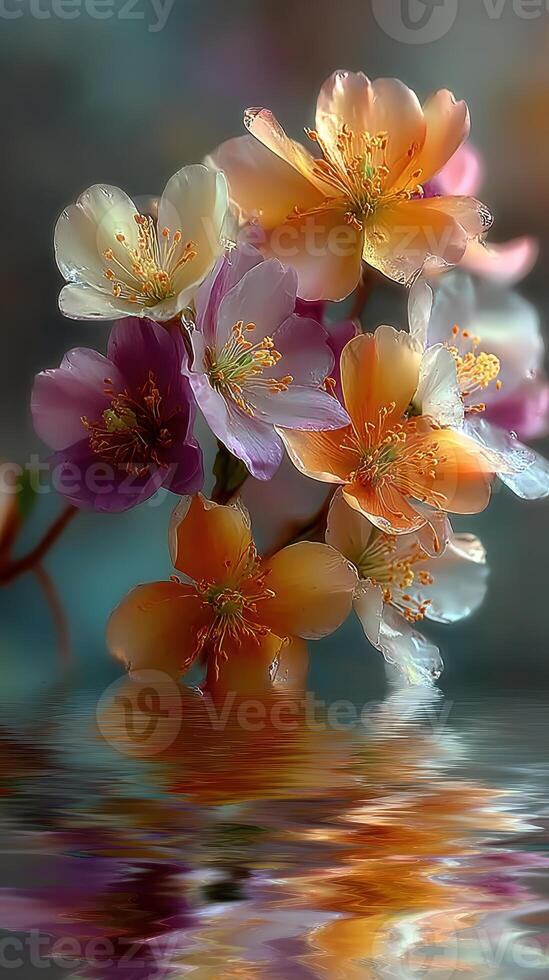 Colorful blossoms reflected in tranquil water during a serene spring morning in a garden photo