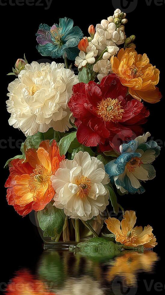 Vibrant floral arrangement showcasing various blooms in a glass vase reflecting on a dark surface photo