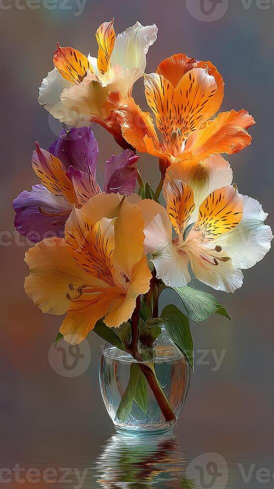 Beautiful bouquet of colorful flowers in a clear vase on a softly blurred background photo