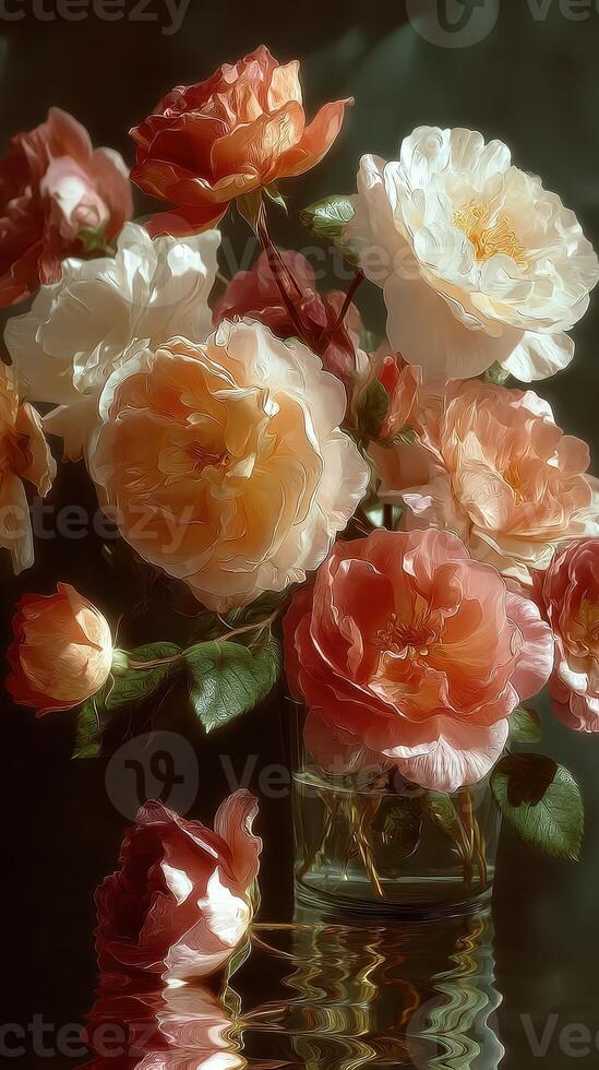 Beautiful bouquet of soft-colored roses in a glass vase reflecting light in a serene indoor setting photo